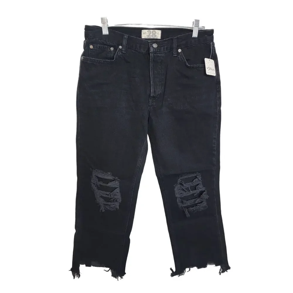Free People We the Free Maddie Midrise Straight Distressed Jeans Washed Black 29 - Picture 2 of 10